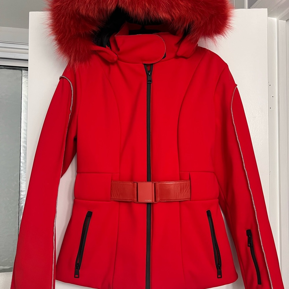Fendi Red Ski Jacket with Belt and real fox fur trim .Size 48   us 10-12